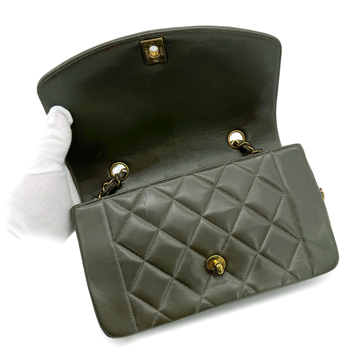 CHANEL VINTAGE DIANA SMALL CHAIN SHOULDER BAG KHAKI LAMB SKIN 90267445