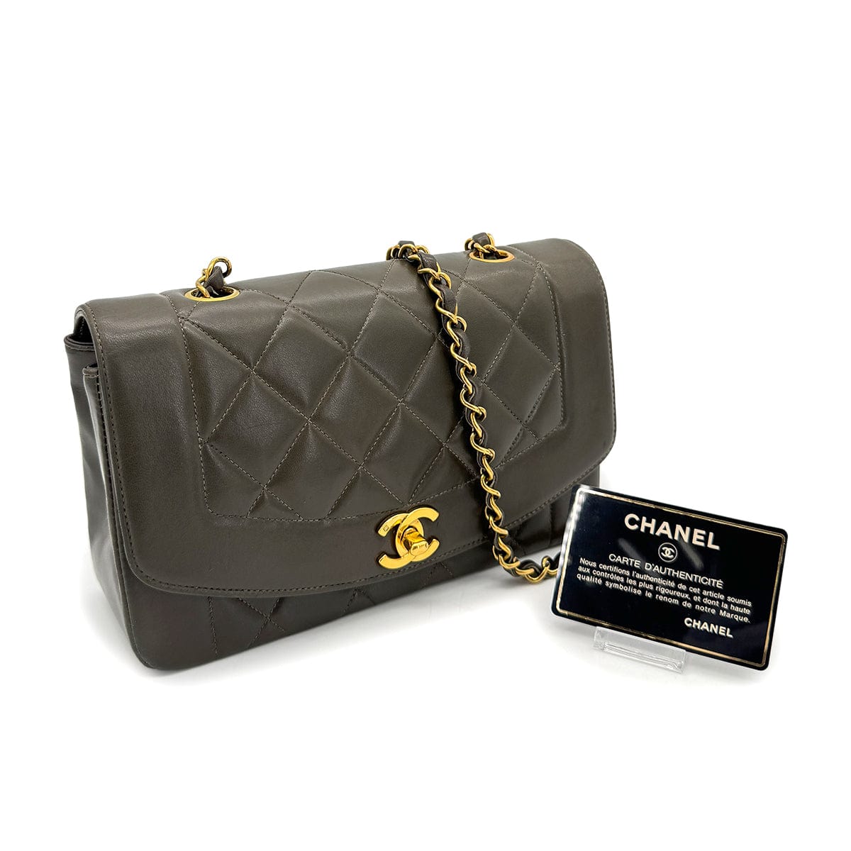 CHANEL VINTAGE DIANA SMALL CHAIN SHOULDER BAG KHAKI LAMB SKIN 90267445