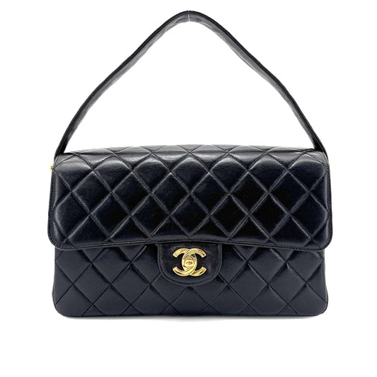 CHANEL VINTAGE DOUBLE FACE SHOULDER BAG BLACK LAMB SKIN 90267394