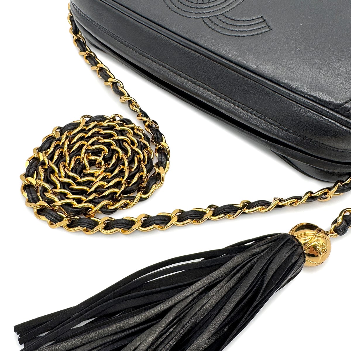 CHANEL VINTAGE FRINGE CHAIN SHOULDER BAG BLACK LAMB SKIN 90266725