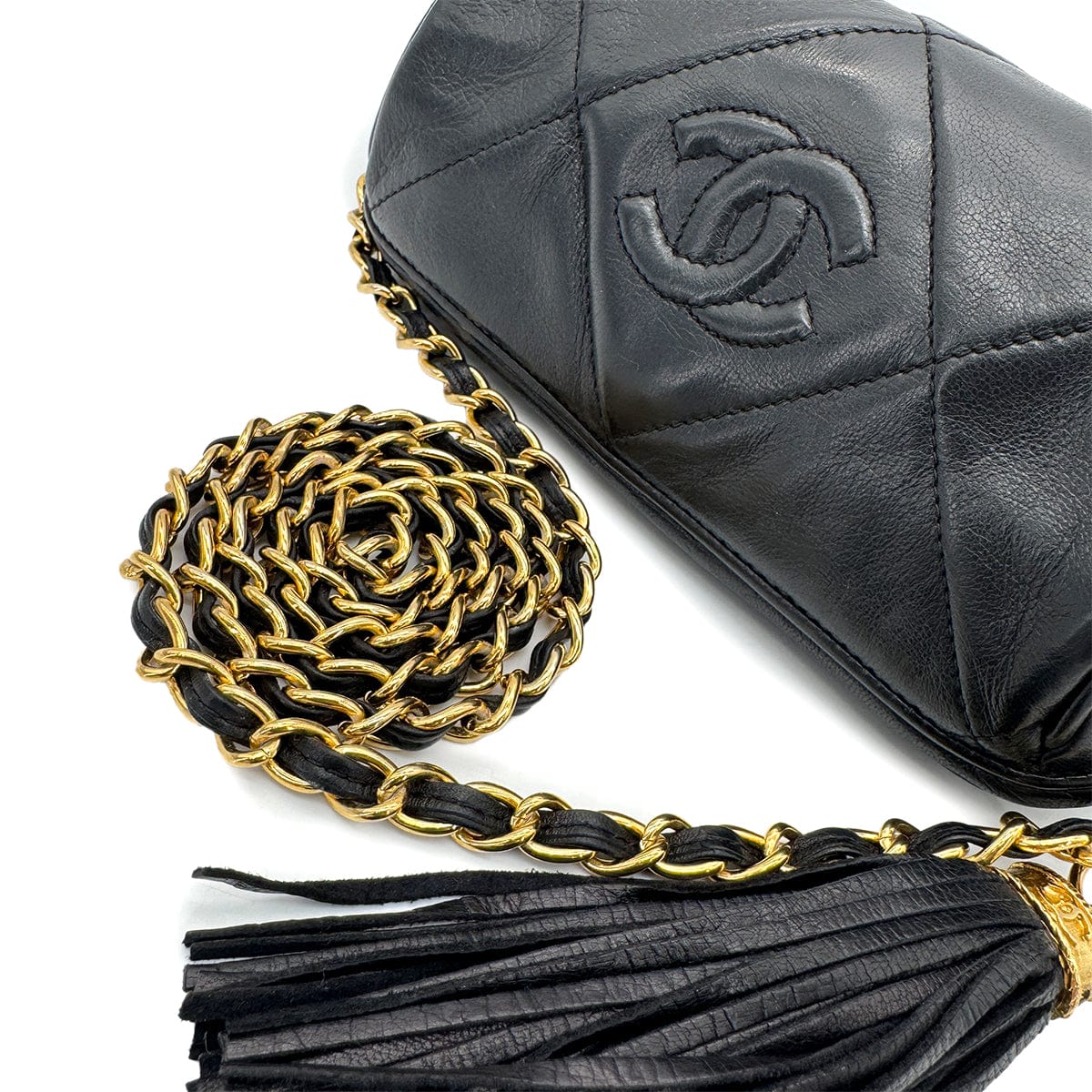 CHANEL VINTAGE FRINGE SHOULDER BAG BLACK LAMB SKIN 90268821