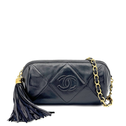 CHANEL VINTAGE FRINGE SHOULDER BAG BLACK LAMB SKIN 90268821