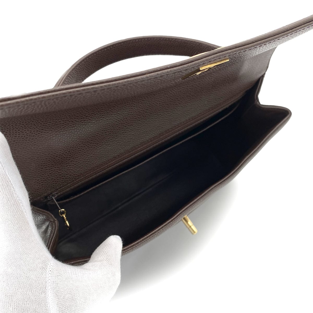 CHANEL VINTAGE KELLY TURN LOCK HAND BAG BROWN CAVIAR SKIN 90261315