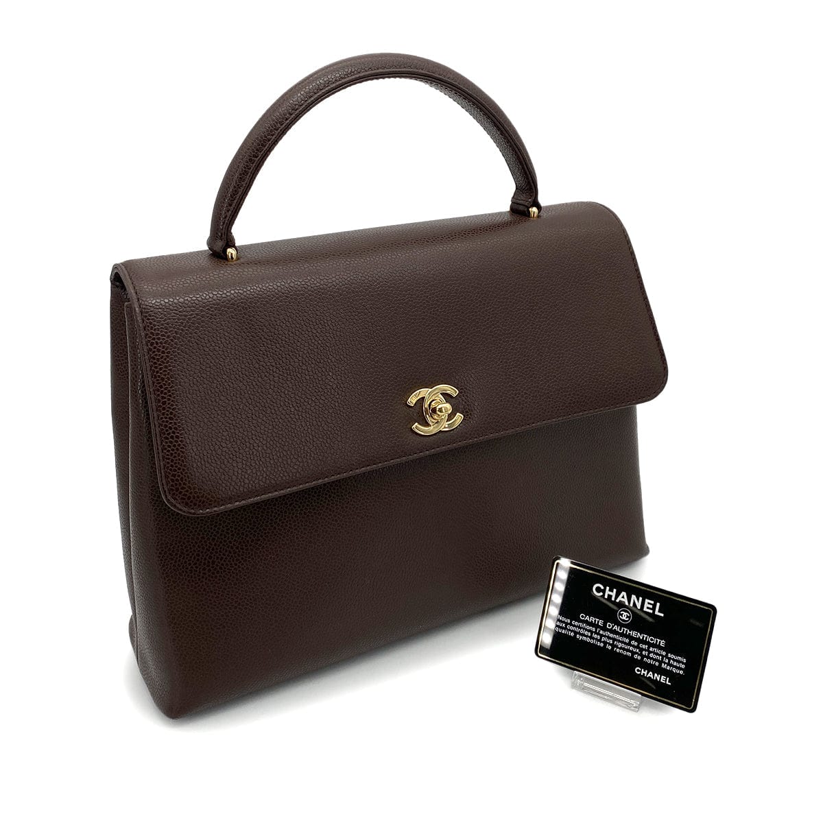 CHANEL VINTAGE KELLY TURN LOCK HAND BAG BROWN CAVIAR SKIN 90261315