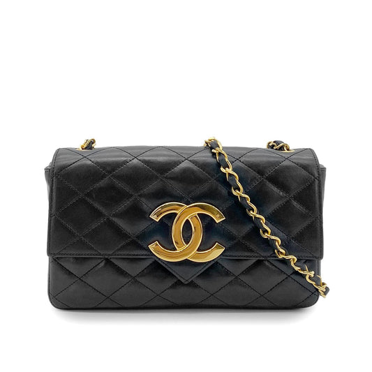 CHANEL VINTAGE MATELASSE BIG COCO CHAIN SHOULDER BAG BLACK LAMB SKIN 90261601