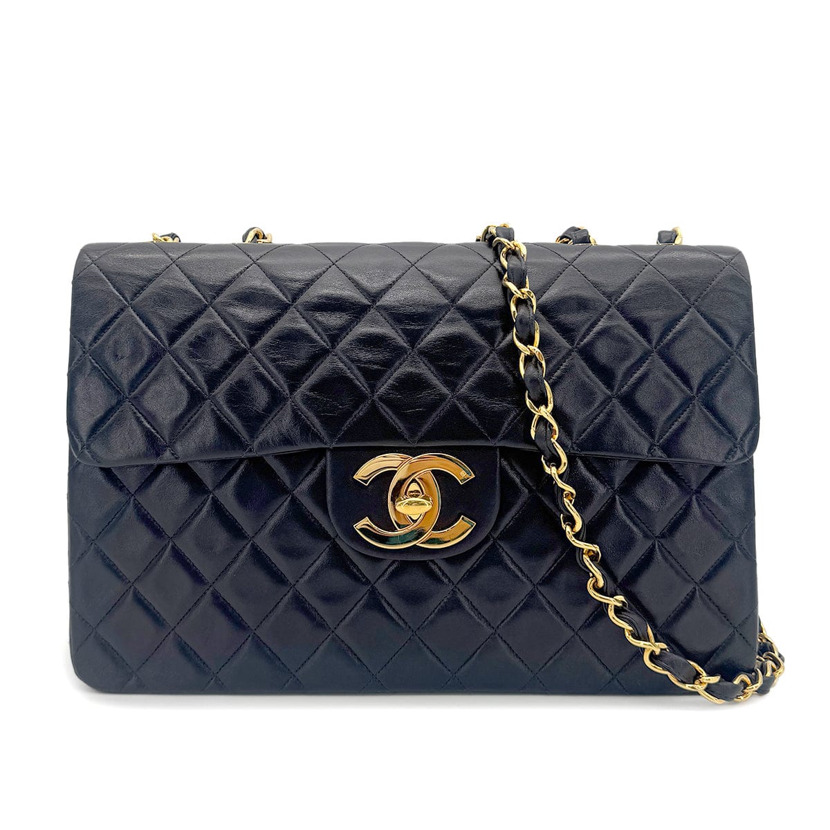 CHANEL VINTAGE MAXI MATELASSE 34 CHAIN SHOULDER BAG BLACK LAMB SKIN 90267401