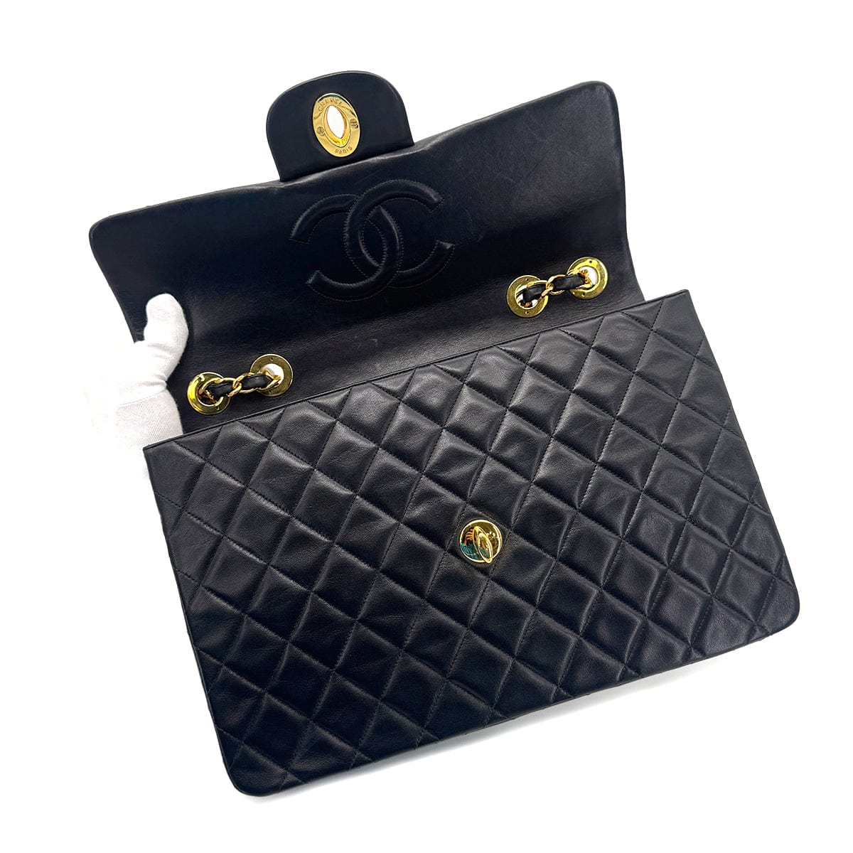 CHANEL VINTAGE MAXI MATELASSE 34 CHAIN SHOULDER BAG BLACK LAMB SKIN 90267401