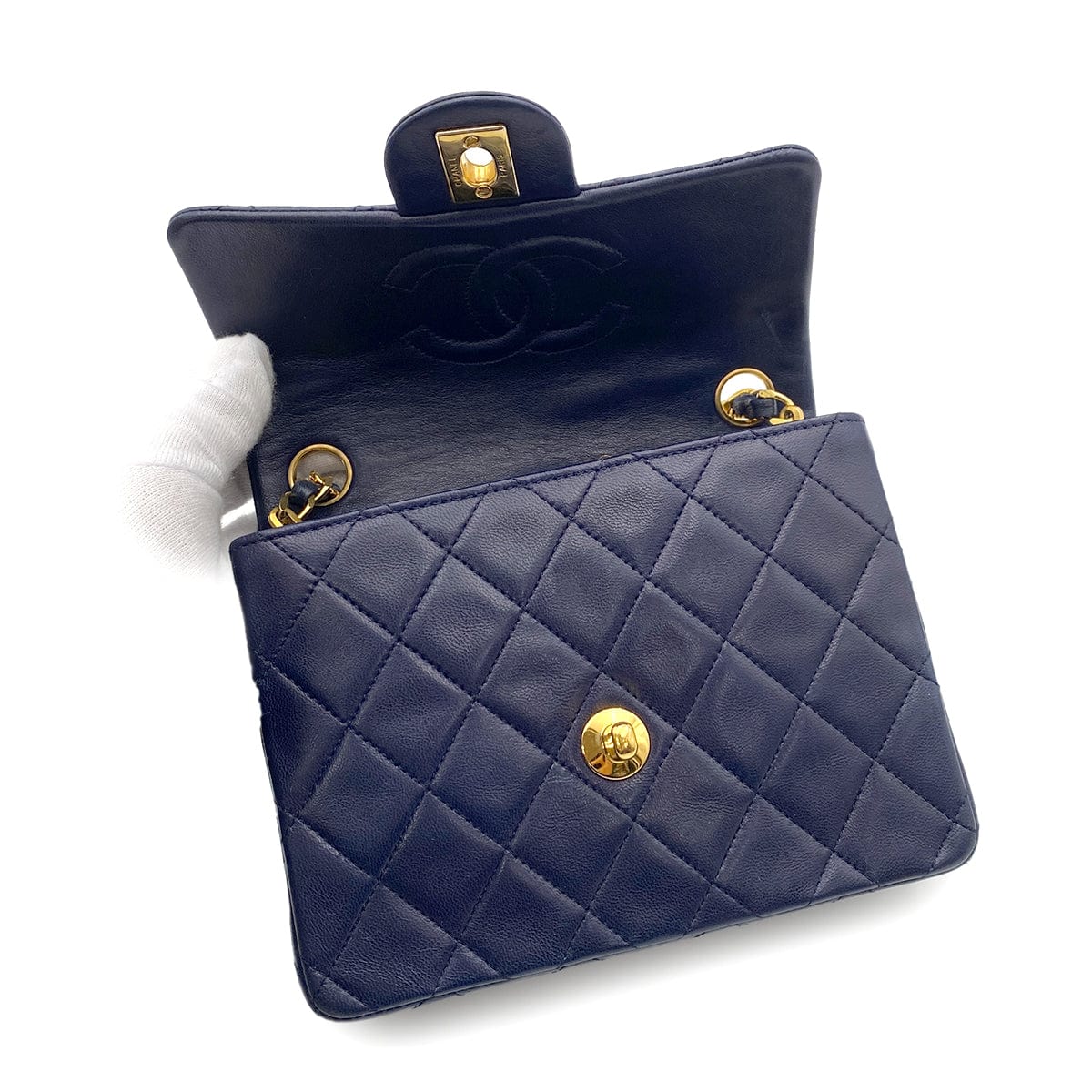 CHANEL VINTAGE MINI SQUARE 17 CHAIN SHOULDER BAG NAVY LAMB SKIN 90264360