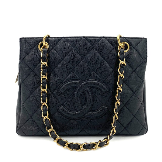 CHANEL VINTAGE PTT CHAIN TOTE BAG BLACK CAVIAR SKIN 90258916
