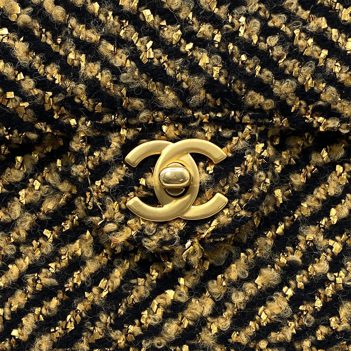 CHANEL VINTAGE SINGLE FLAP CHAIN SHOULDER BAG GOLD BLACK TWEED 90270867
