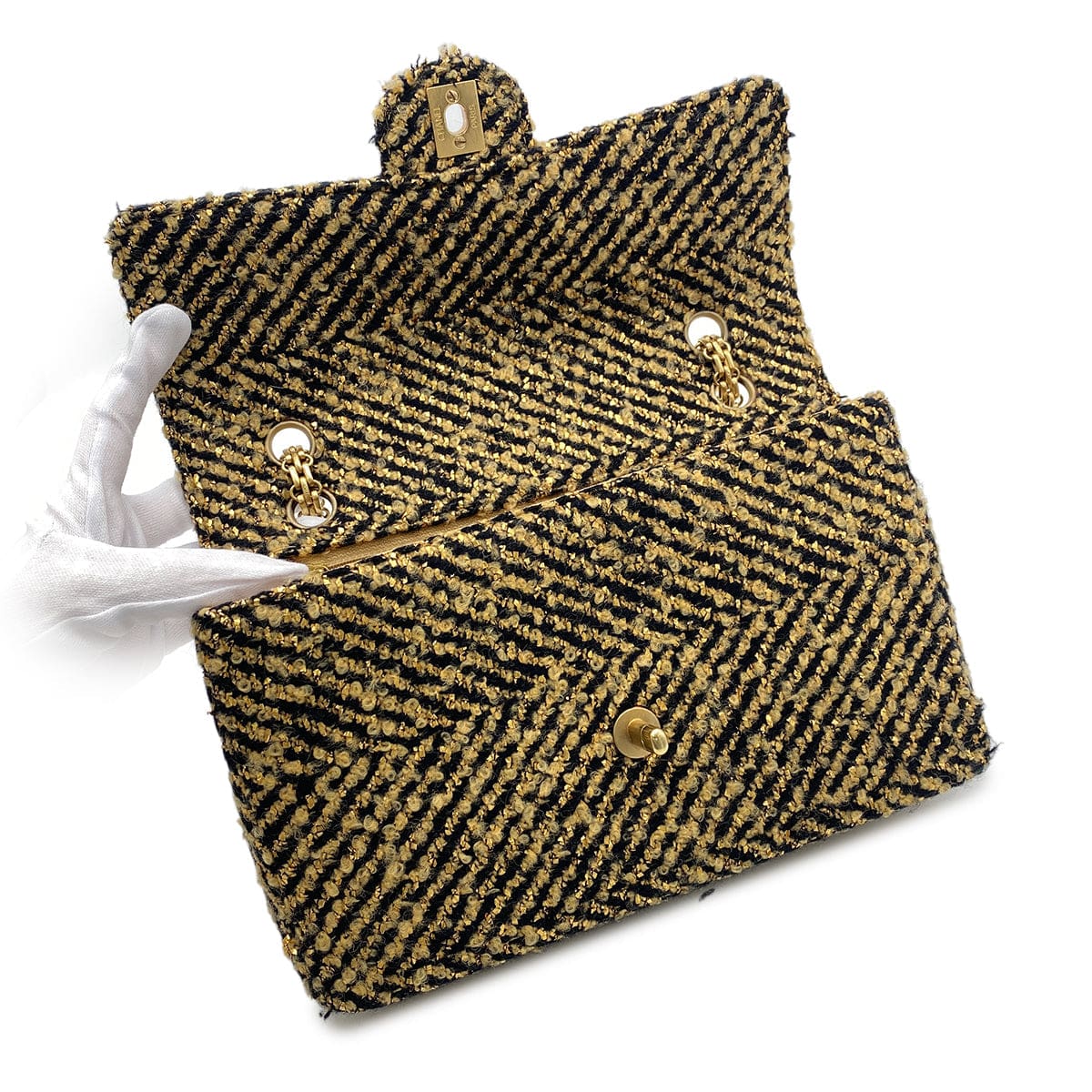CHANEL VINTAGE SINGLE FLAP CHAIN SHOULDER BAG GOLD BLACK TWEED 90270867