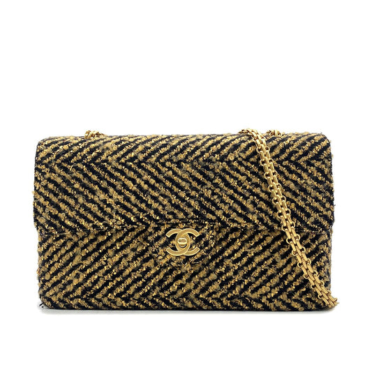CHANEL VINTAGE SINGLE FLAP CHAIN SHOULDER BAG GOLD BLACK TWEED 90270867