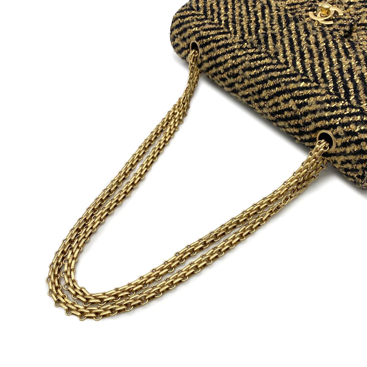 CHANEL VINTAGE SINGLE FLAP CHAIN SHOULDER BAG GOLD BLACK TWEED 90270867