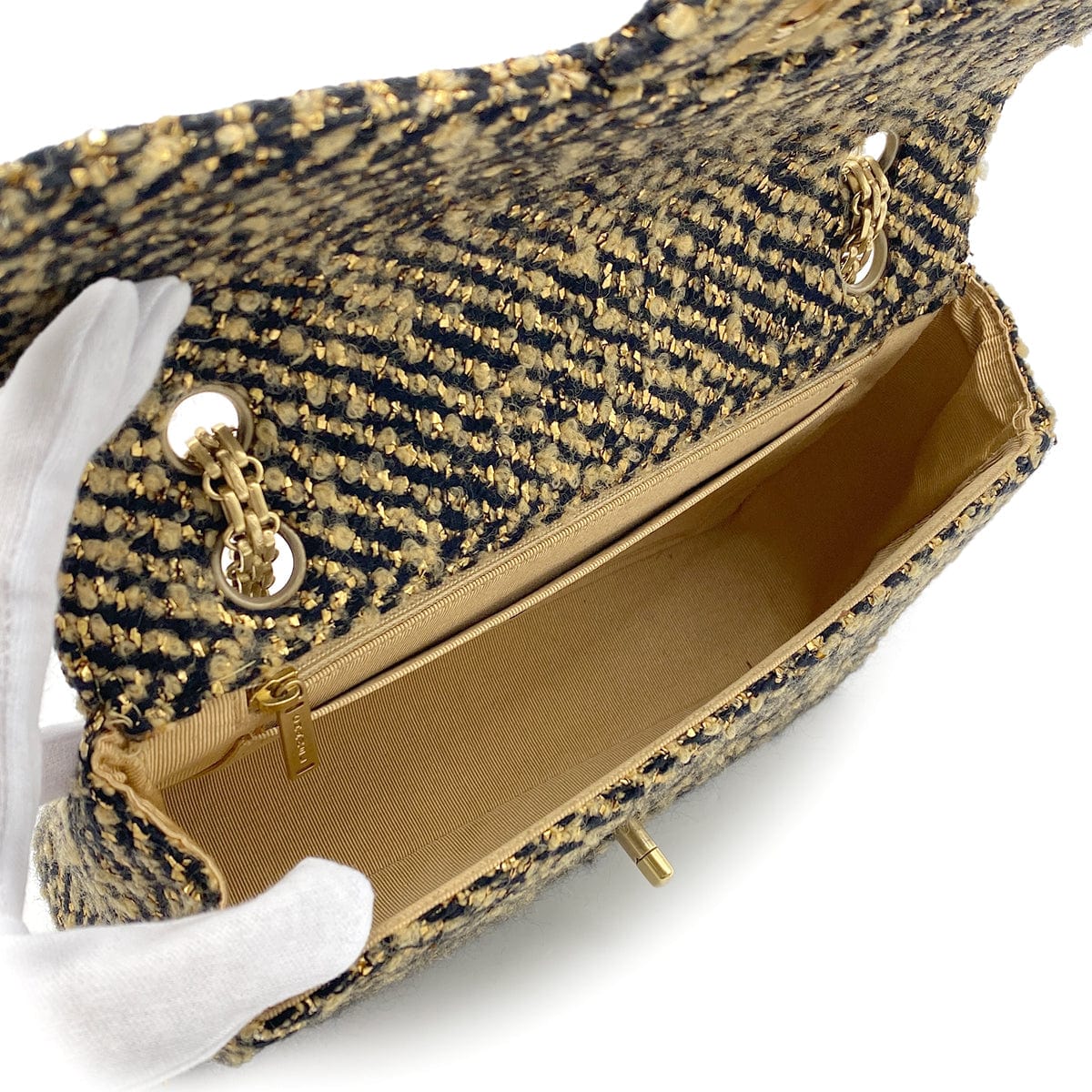 CHANEL VINTAGE SINGLE FLAP CHAIN SHOULDER BAG GOLD BLACK TWEED 90270867