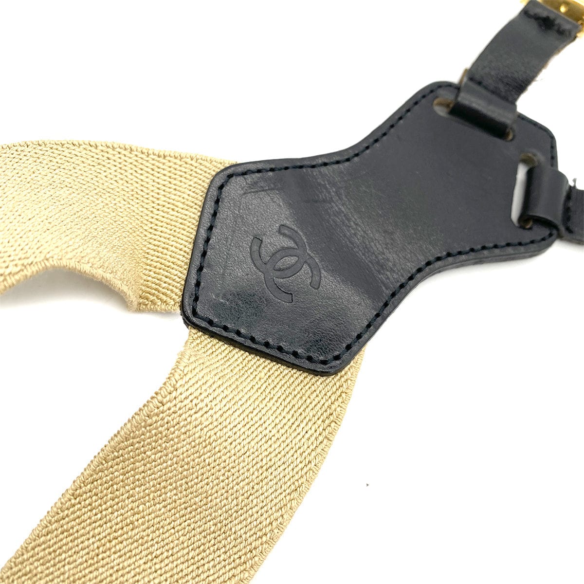 CHANEL VINTAGE SUSPENDER LOGO BEIGE BLACK CANVAS LEATHER 90261346