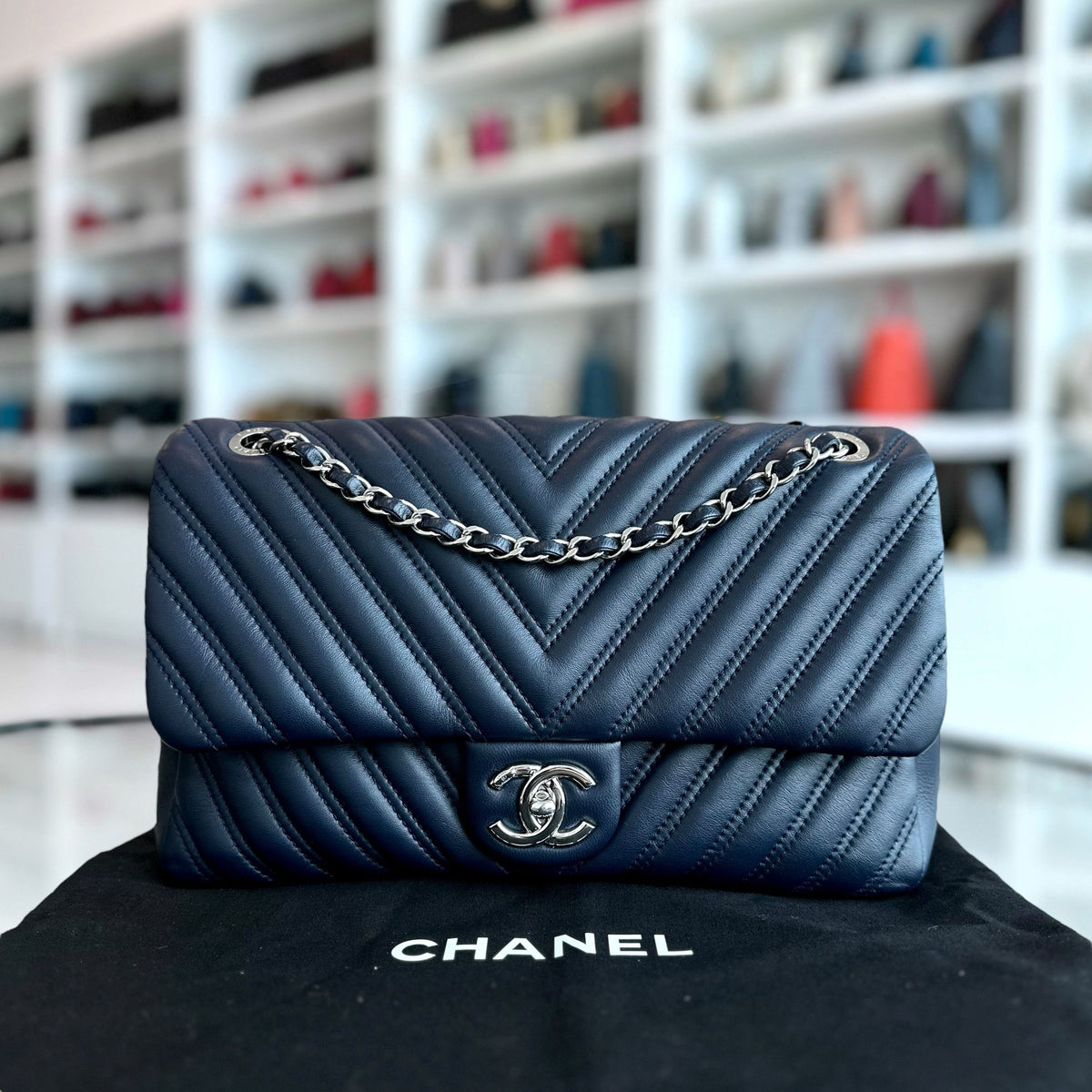 Chevron Classic Seasonal Jumbo Flap 30CM Lambskin Dark Blue SHW No 21