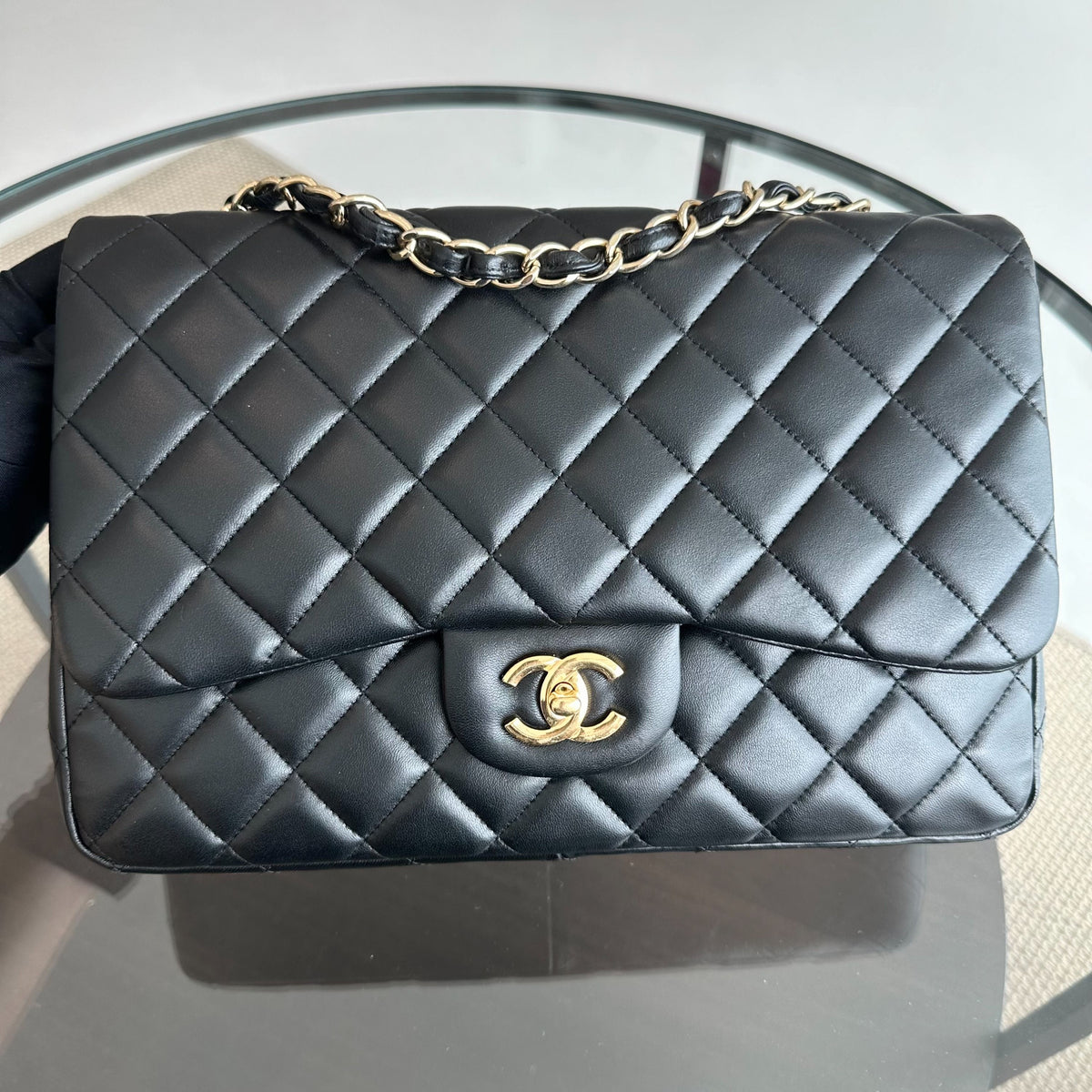 Classic Flap Jumbo 30CM Single Flap Quilted Lambskin Black GHW No 14
