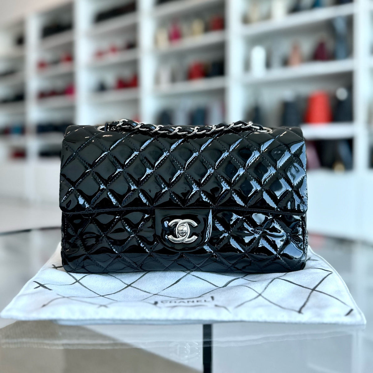 Classic Flap Medium Double Flap Patent Leather Quilted Black SHW
