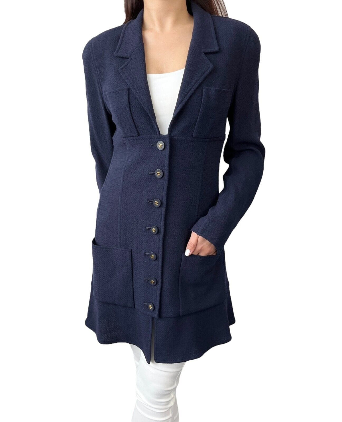 CHANEL Vintage 94A CC Logo Long Jacket #40 Dark Blue Gold Button Wool
