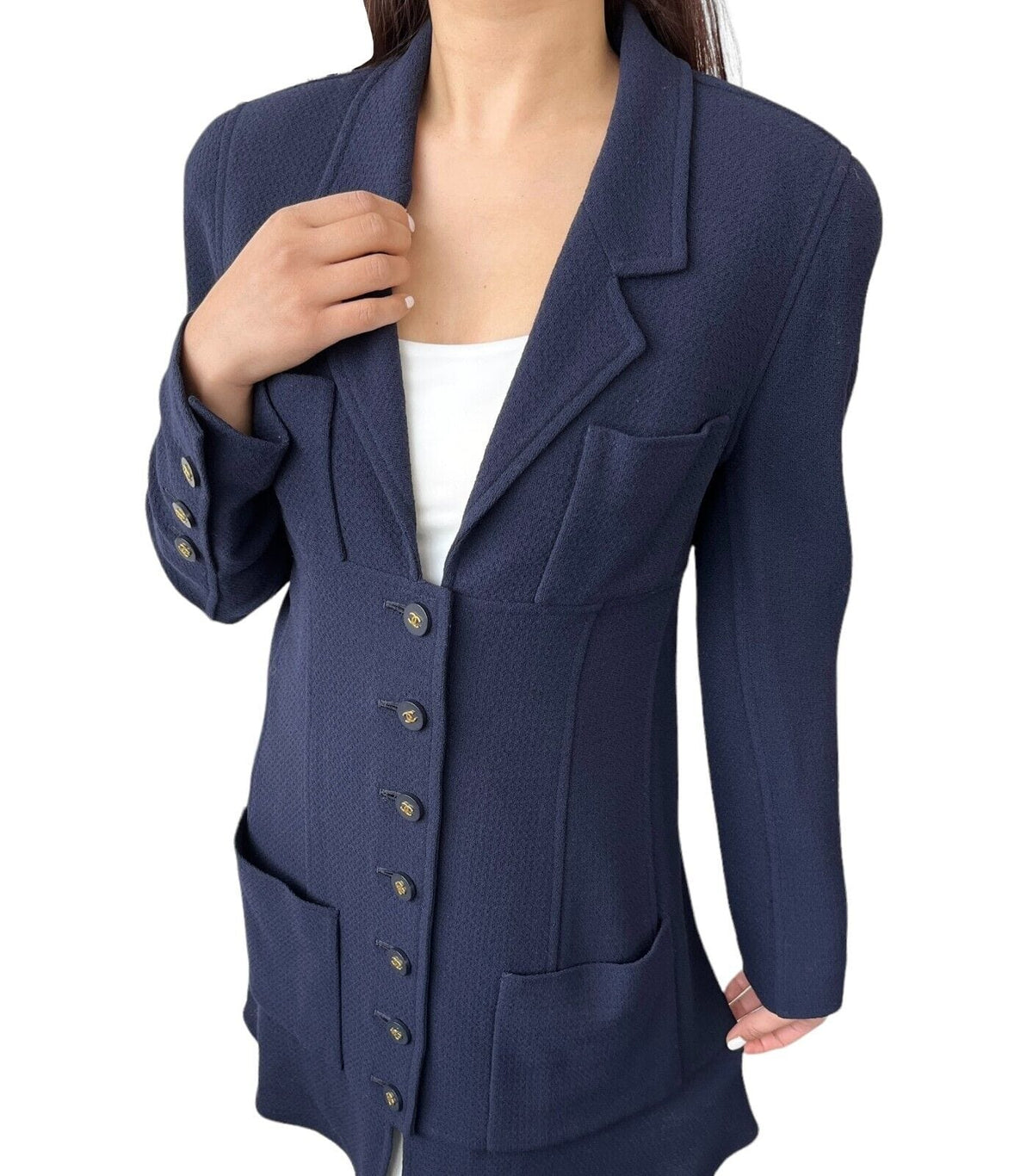 CHANEL Vintage 94A CC Logo Long Jacket #40 Dark Blue Gold Button Wool
