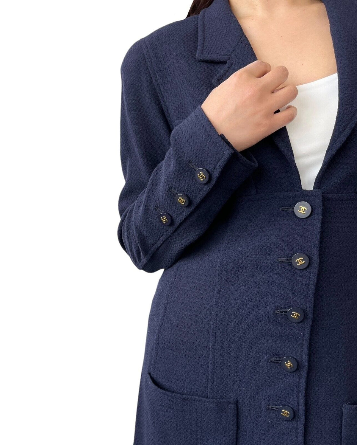 CHANEL Vintage 94A CC Logo Long Jacket #40 Dark Blue Gold Button Wool