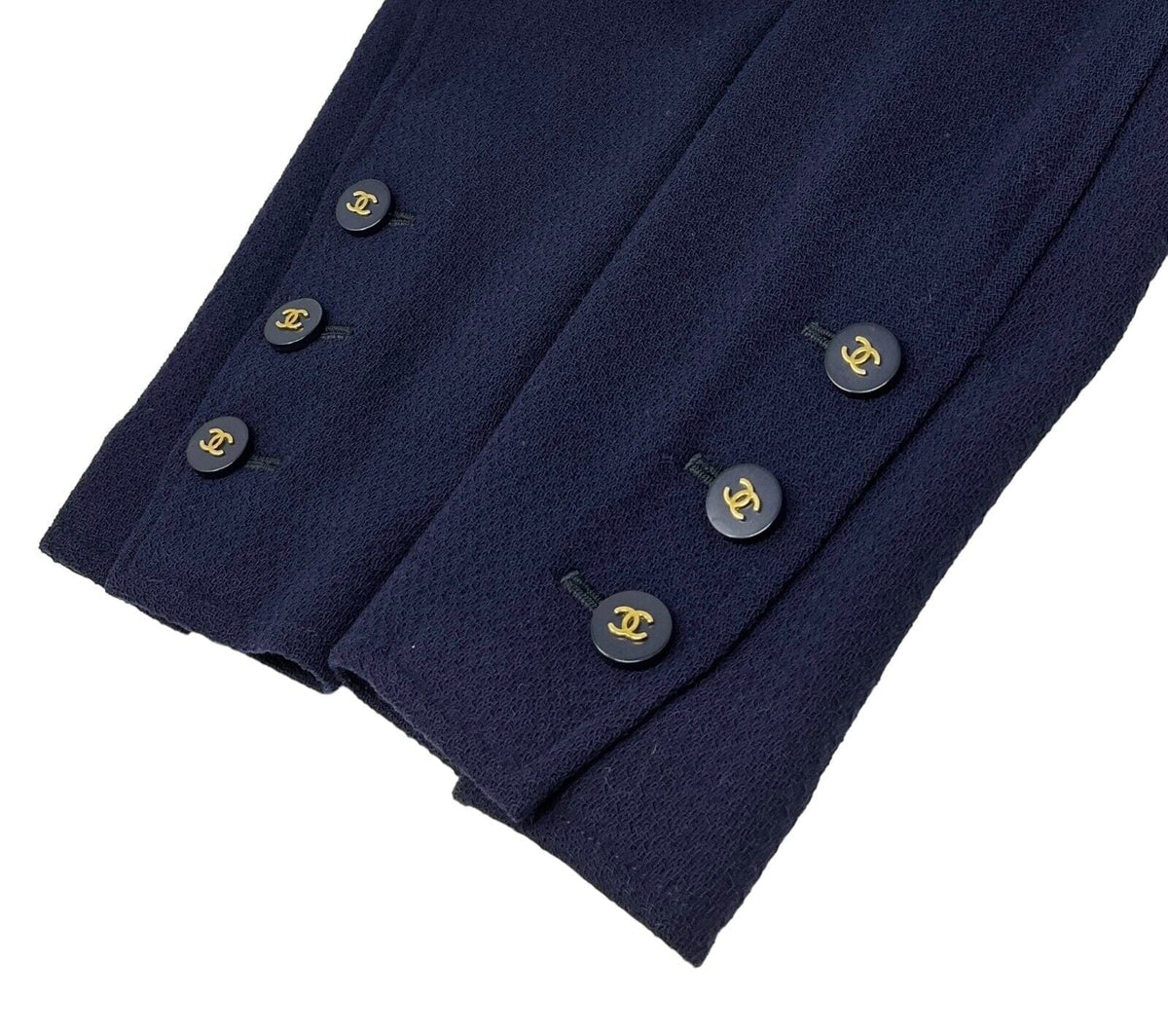 CHANEL Vintage 94A CC Logo Long Jacket #40 Dark Blue Gold Button Wool