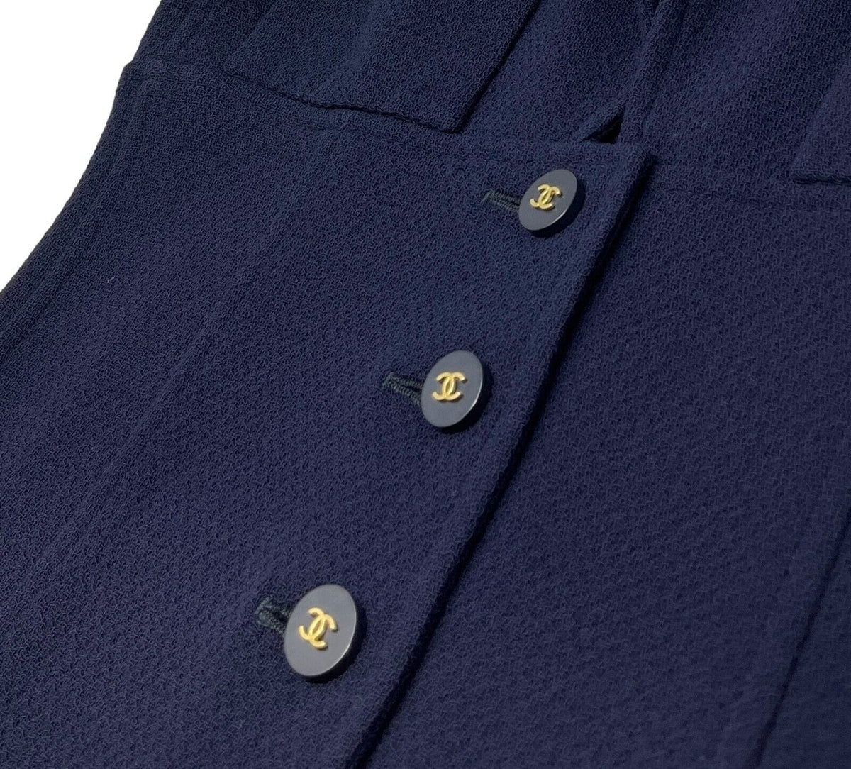 CHANEL Vintage 94A CC Logo Long Jacket #40 Dark Blue Gold Button Wool