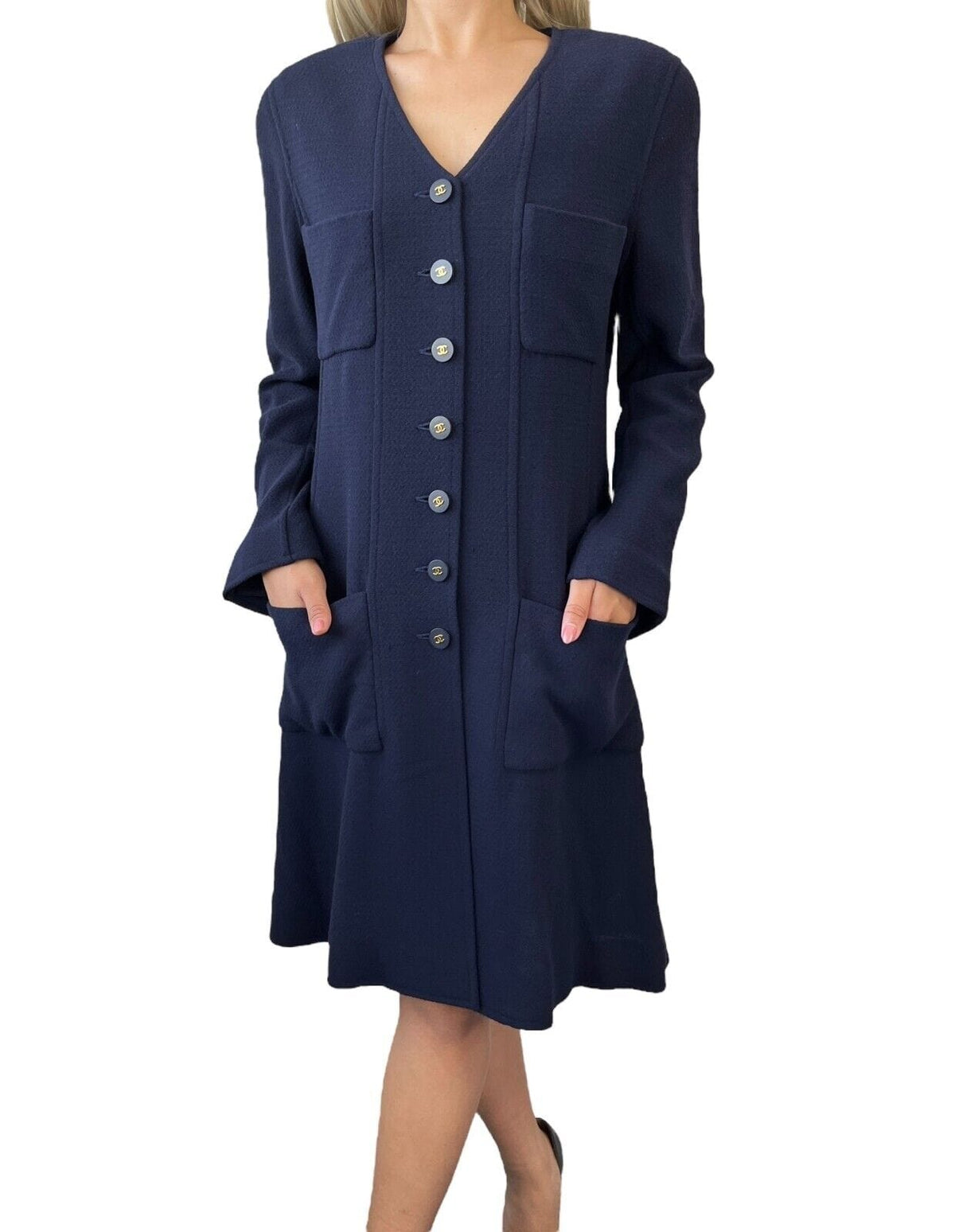 CHANEL Vintage 94A CC Logo Tweed Long Jacket #42 Dress Coat Dark Blue