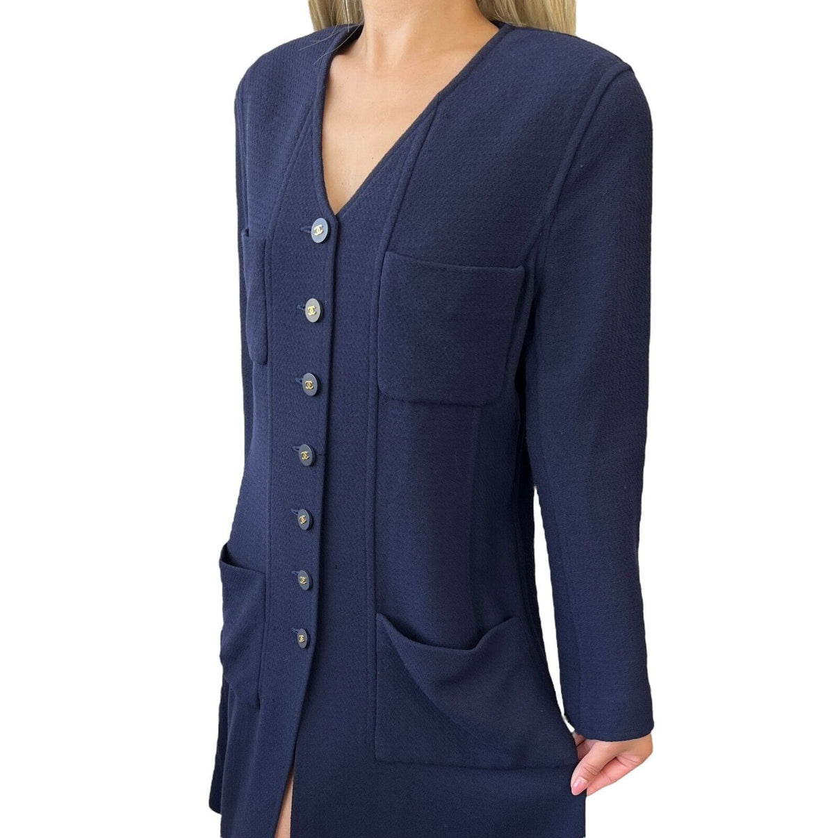 CHANEL Vintage 94A CC Logo Tweed Long Jacket #42 Dress Coat Dark Blue
