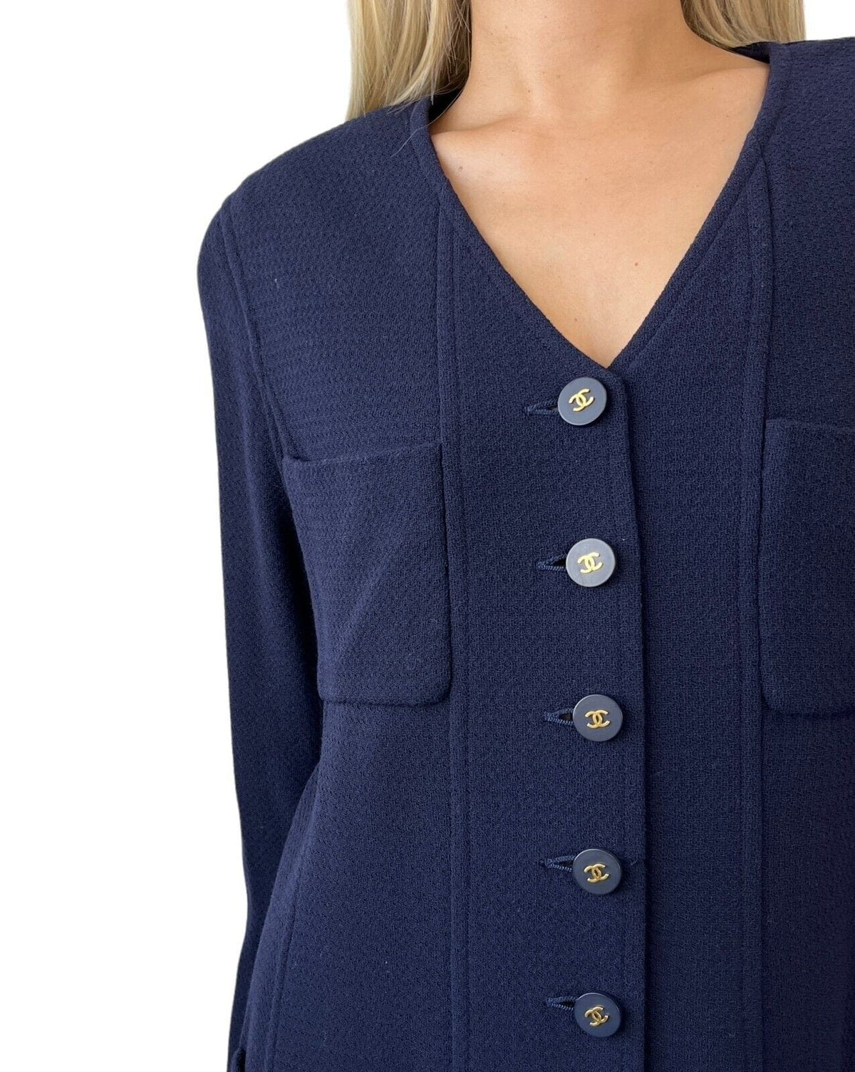CHANEL Vintage 94A CC Logo Tweed Long Jacket #42 Dress Coat Dark Blue