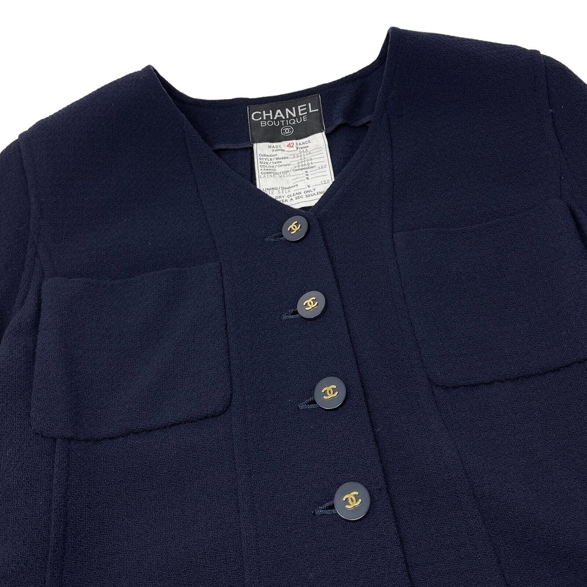 CHANEL Vintage 94A CC Logo Tweed Long Jacket #42 Dress Coat Dark Blue