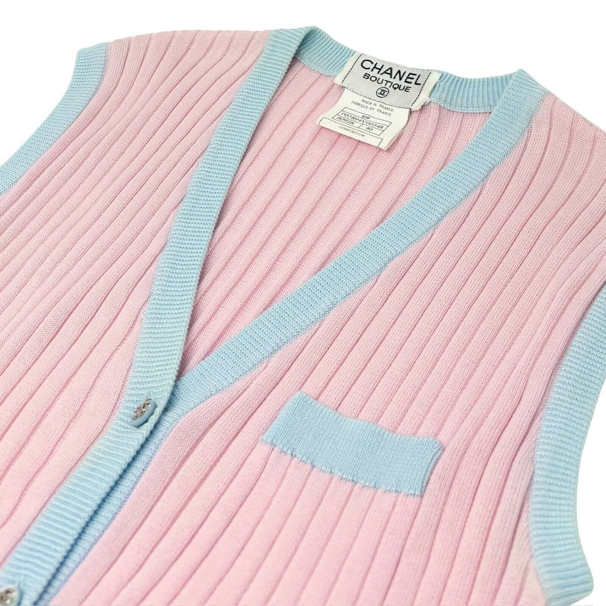 CHANEL Vintage 97P CC Logo Rib Knit Vest #40 Top Pink Blue Cotton