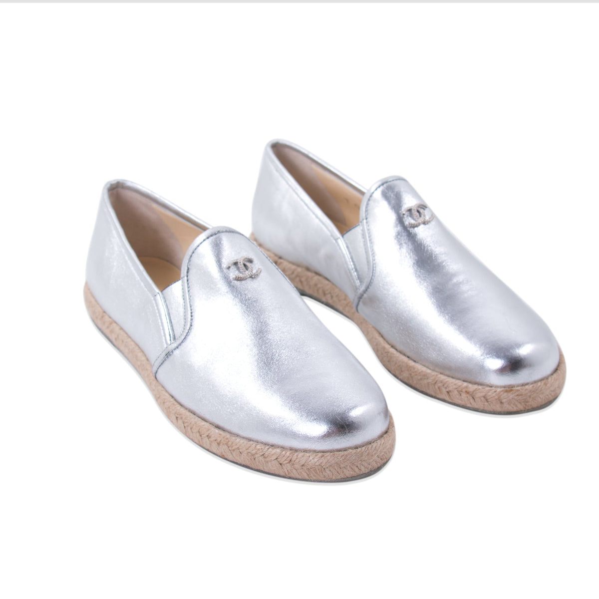 Chanel Silver Metallic Leather Espadrilles