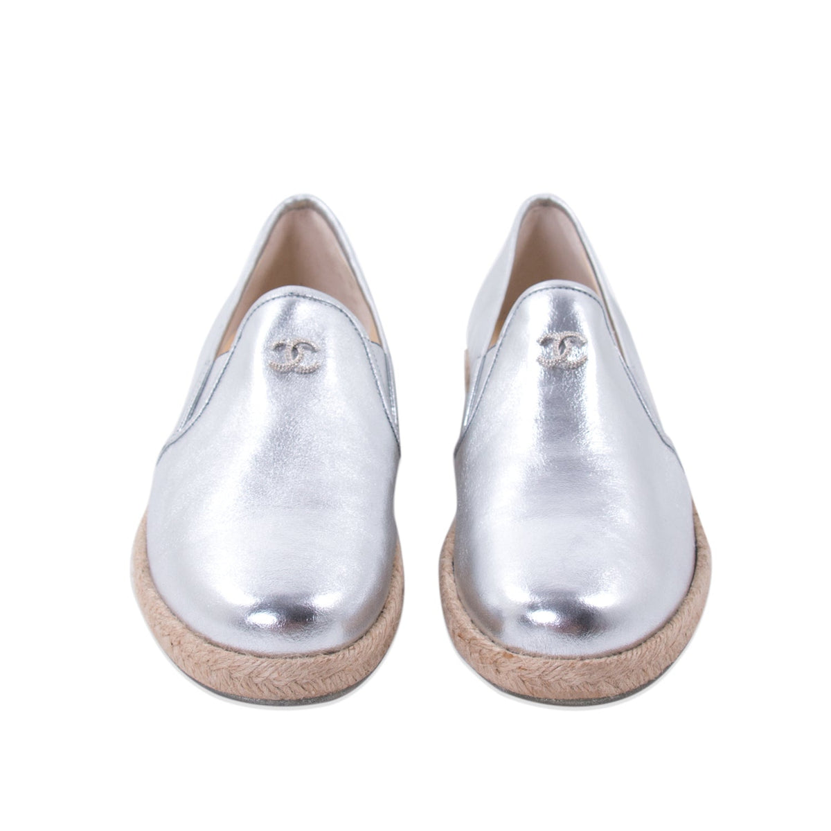 Chanel Silver Metallic Leather Espadrilles