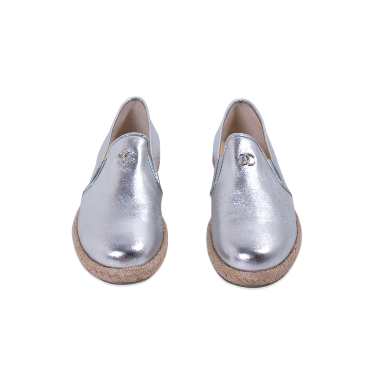 Chanel Silver Metallic Leather Espadrilles