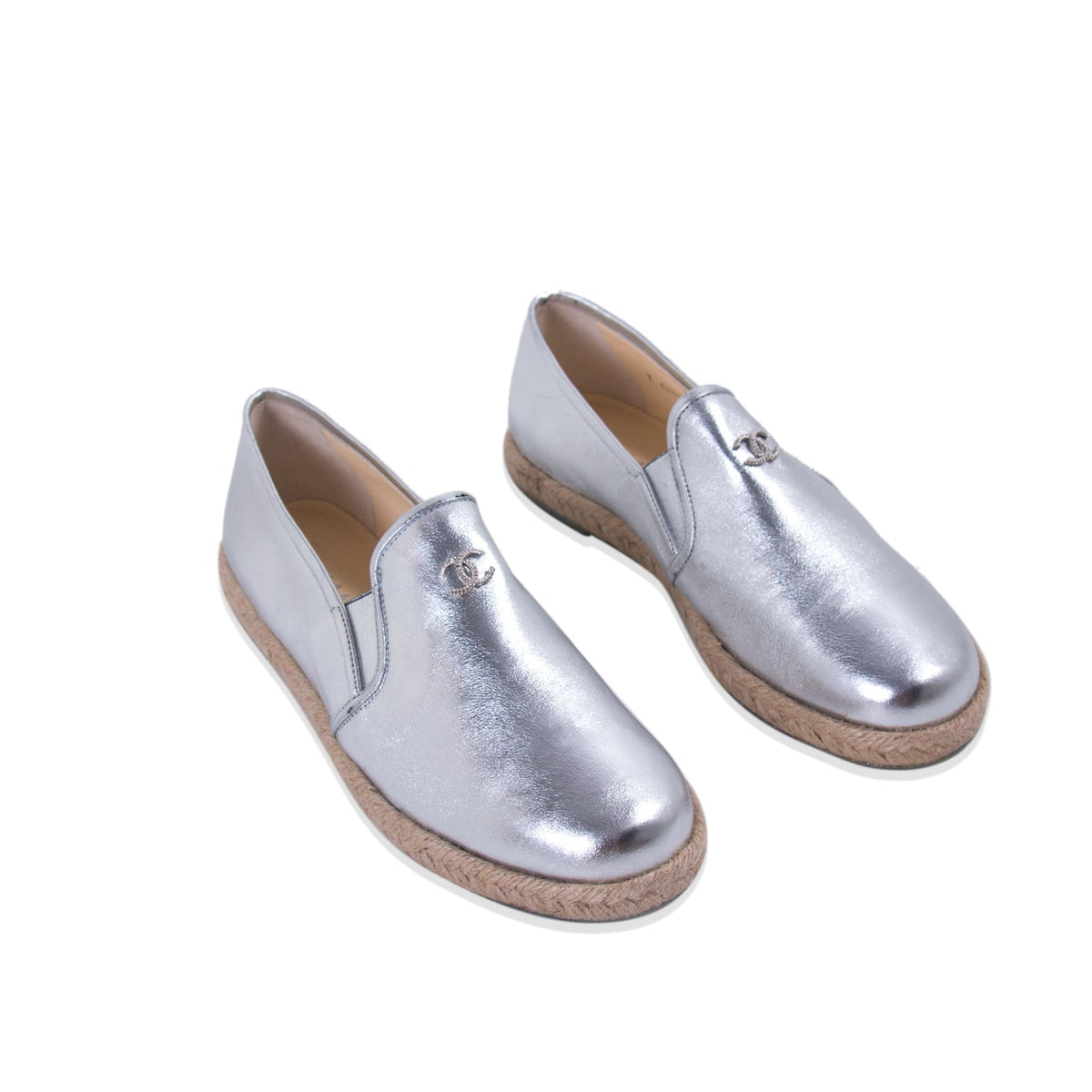 Chanel Silver Metallic Leather Espadrilles
