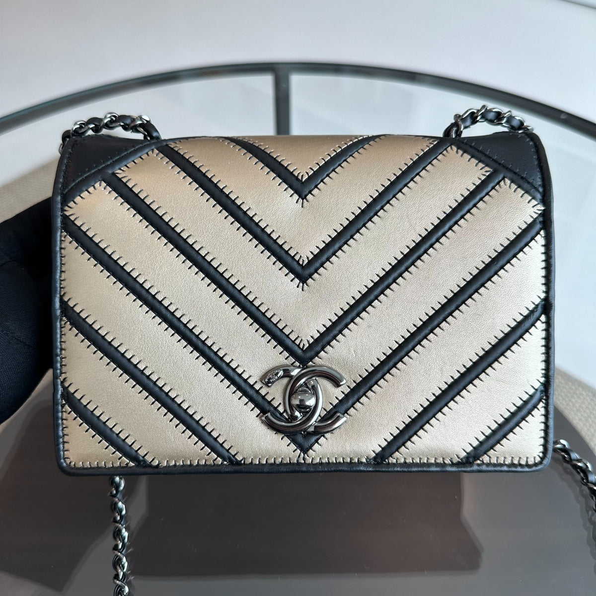 Flap Couture Chevron Stitched Gold Black Cross Body SHW No 23