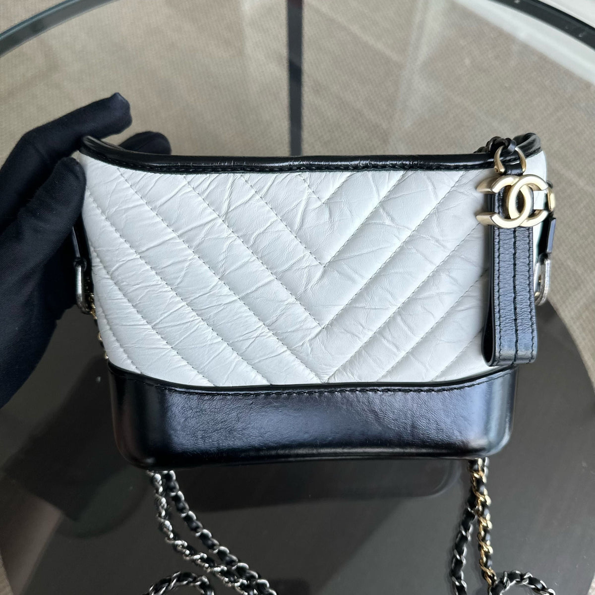 Gabrielle Small Hobo Chevron Calfskin White Black Two-Tone GHW No 27