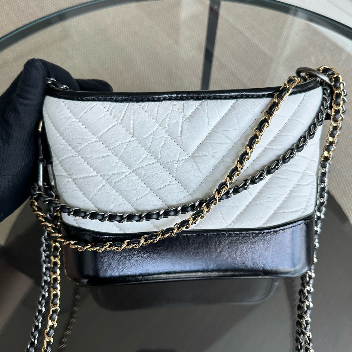 Gabrielle Small Hobo Chevron Calfskin White Black Two-Tone GHW No 27