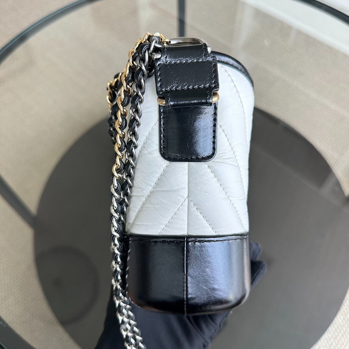 Gabrielle Small Hobo Chevron Calfskin White Black Two-Tone GHW No 27