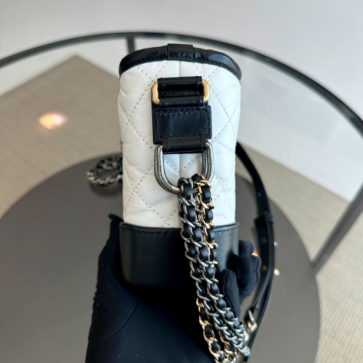 Gabrielle Small Hobo Quilted Aged Calfskin White Black No 23