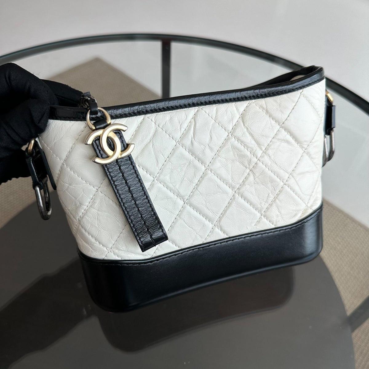 Gabrielle Small Hobo Quilted Aged Calfskin White Black No 26
