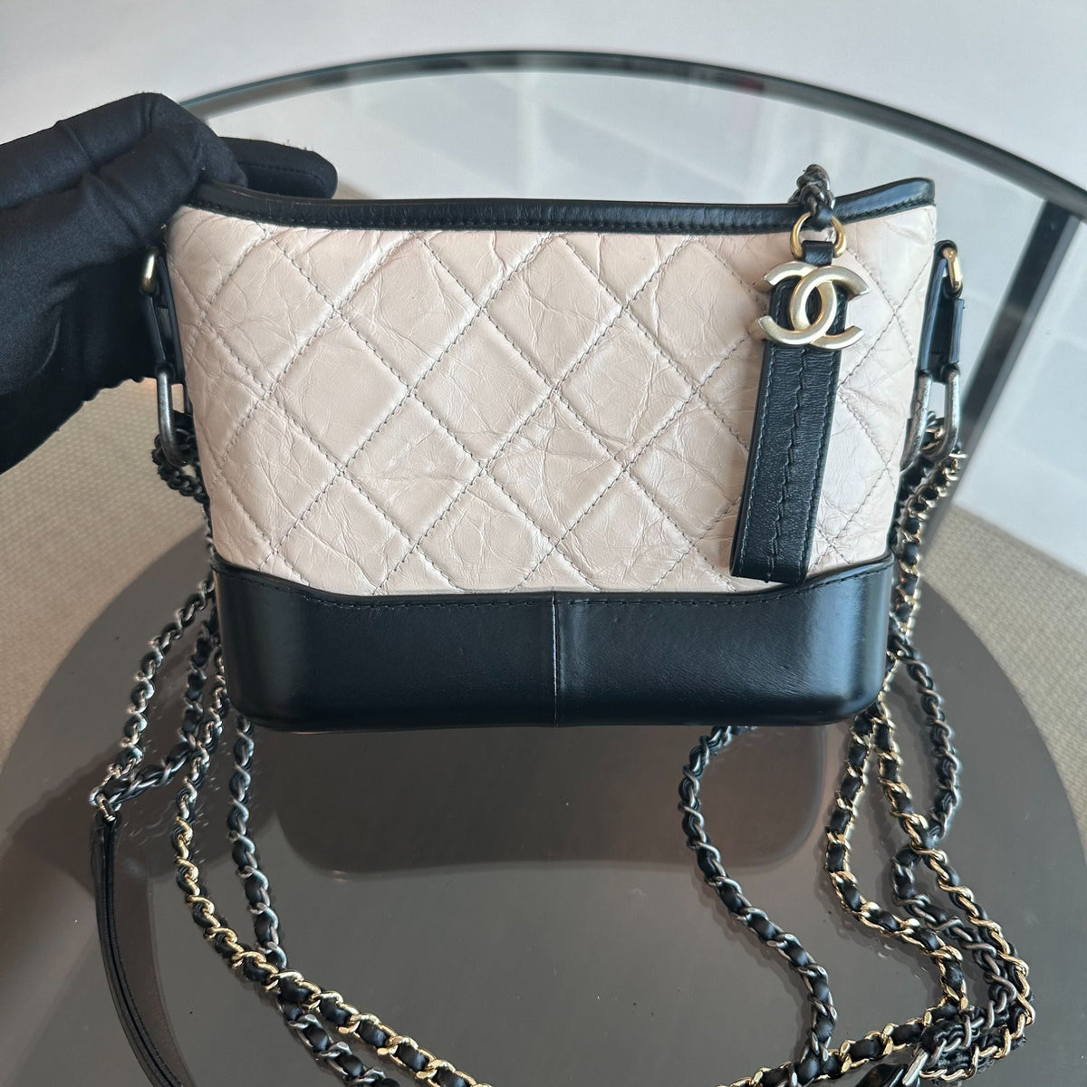 Gabrielle Small Hobo Quilted Calfskin Beige Black No 24