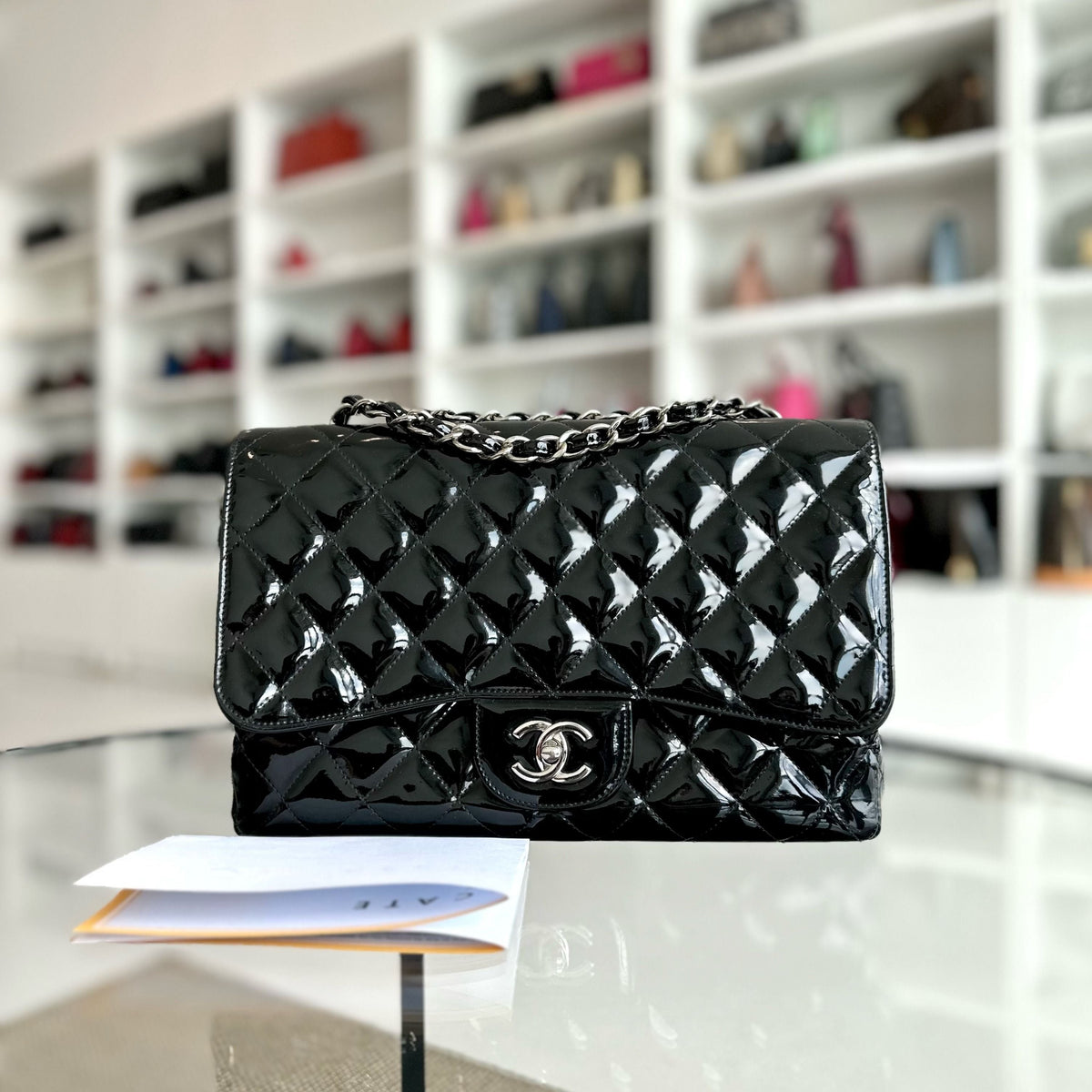 Jumbo Classic Flap Single Flap Patent Leather Black SHW No 13