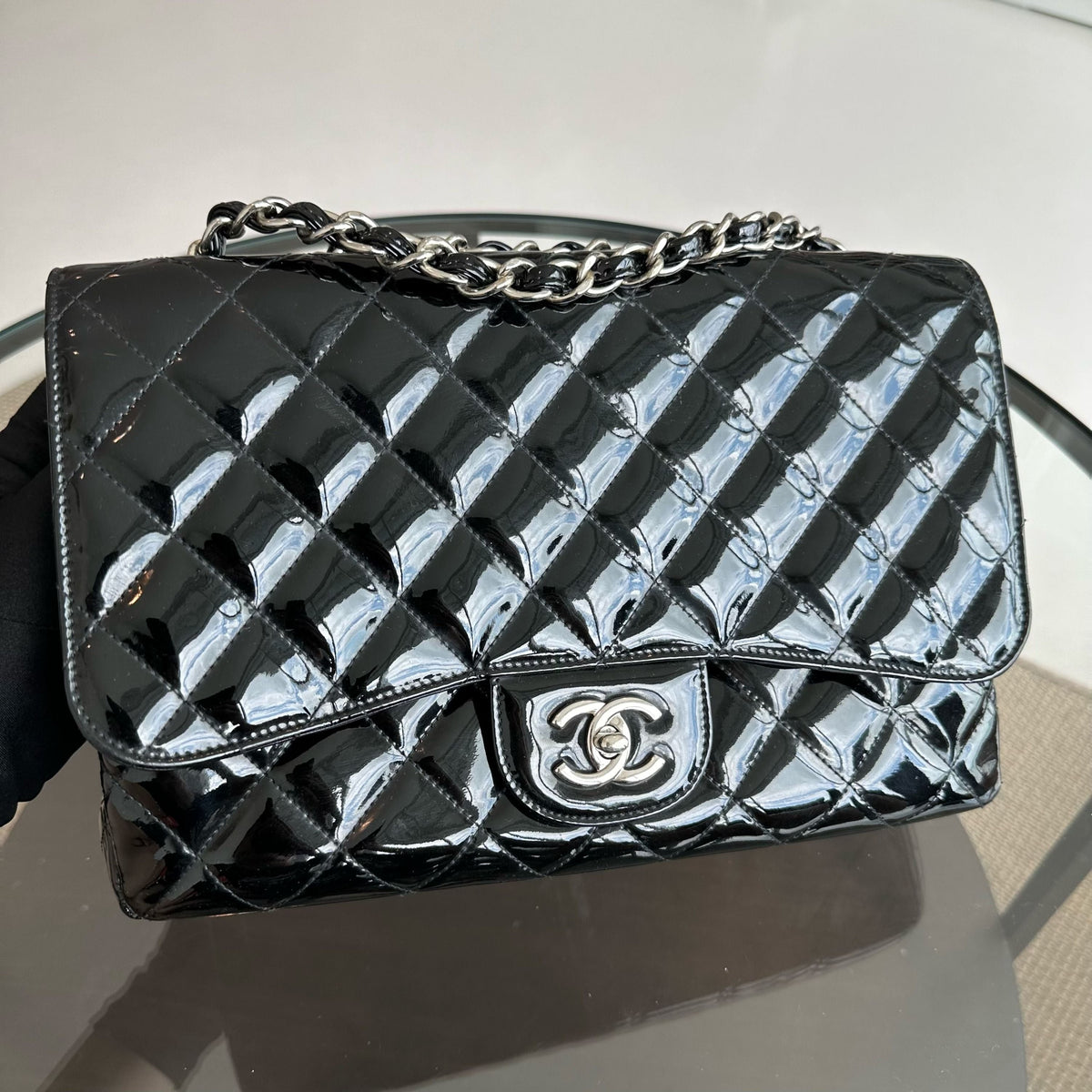 Jumbo Classic Flap Single Flap Patent Leather Black SHW No 13