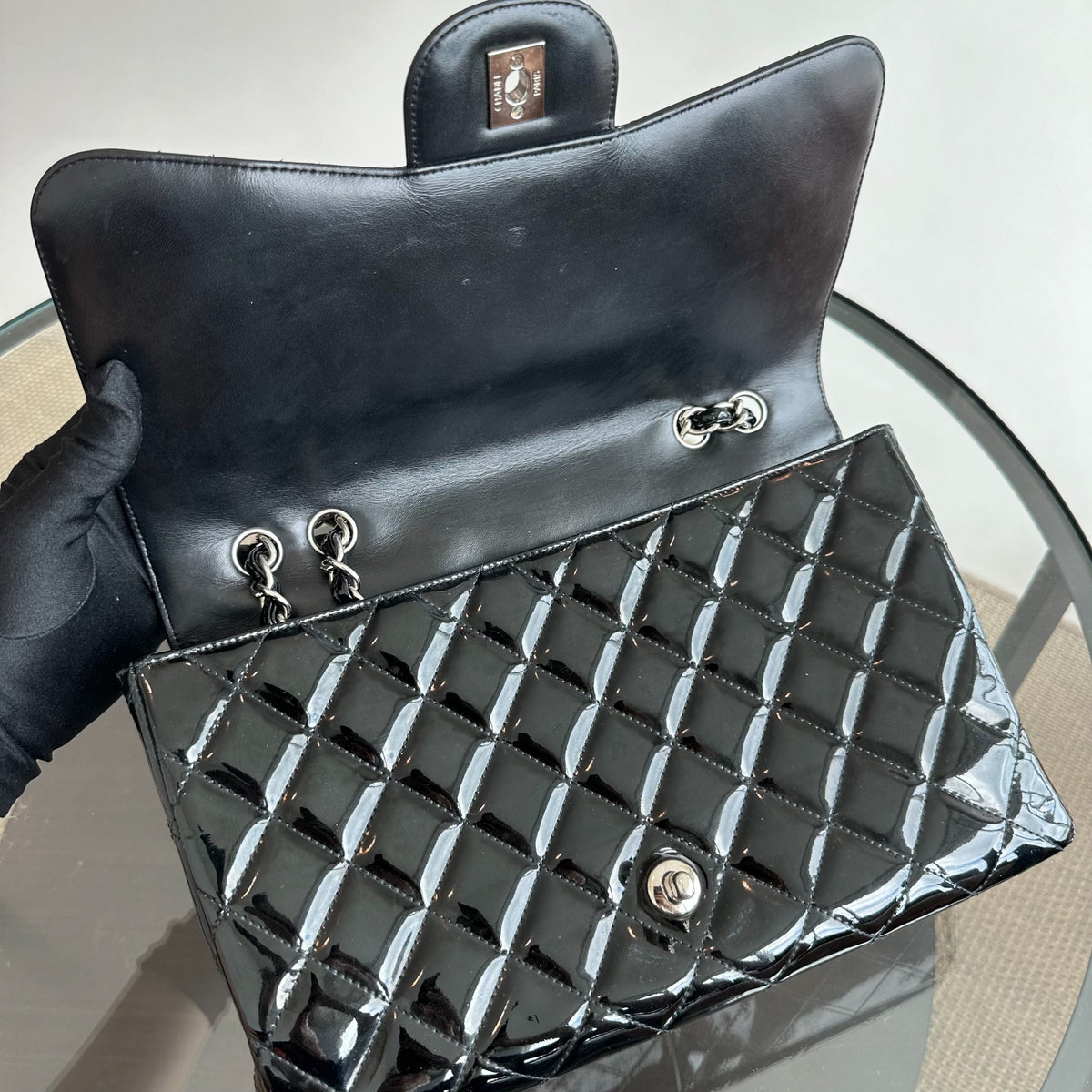 Jumbo Classic Flap Single Flap Patent Leather Black SHW No 13