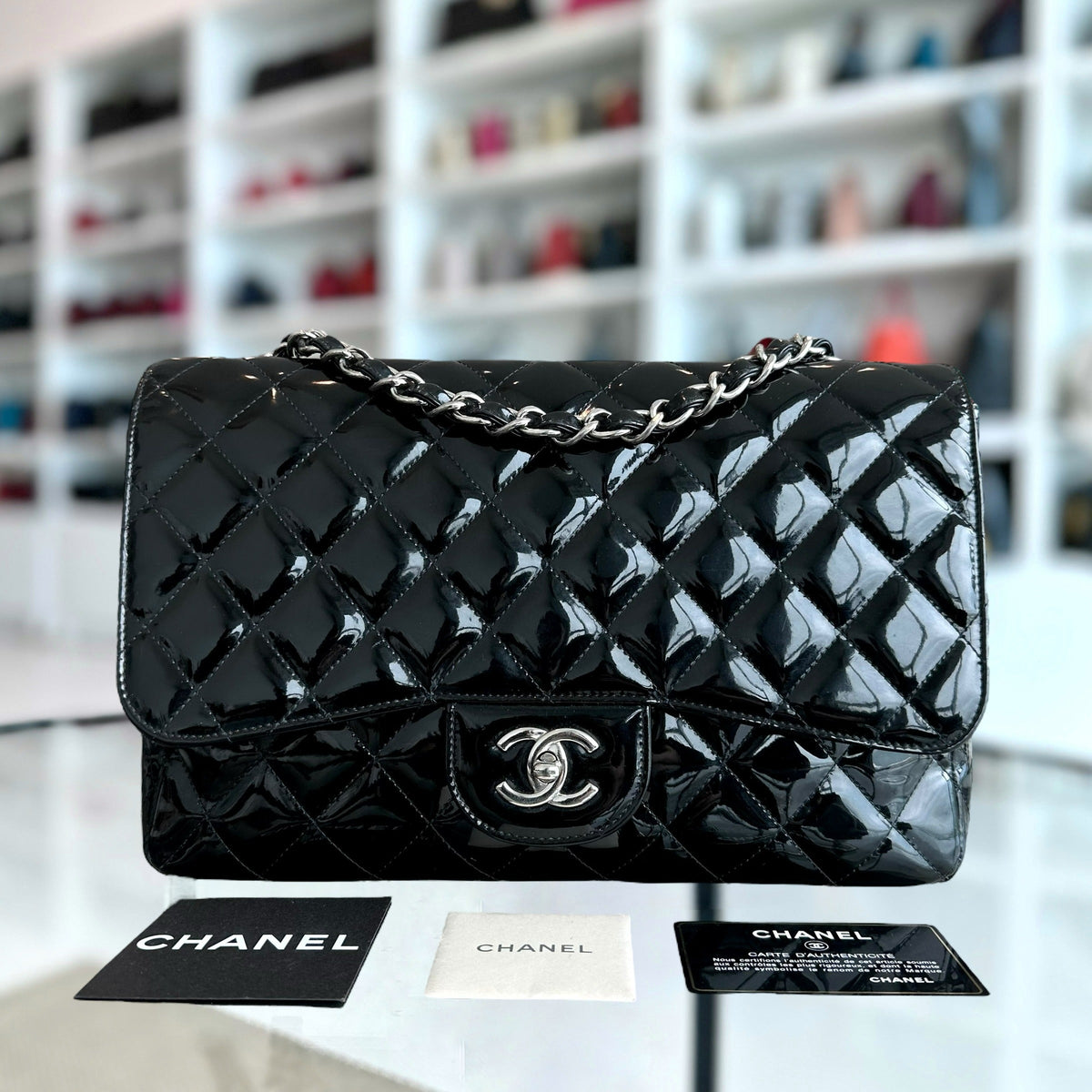 Jumbo Classic Flap Single Flap Patent Leather Black SHW No 13