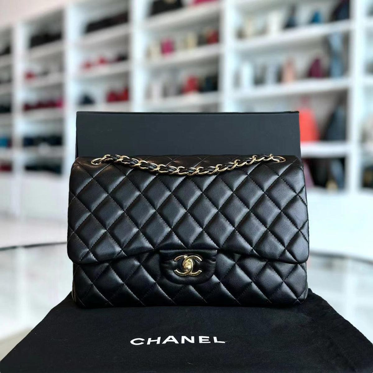 Jumbo Double Flap Classic Flap Quilted Lambskin Black Golden Hardware Series 22