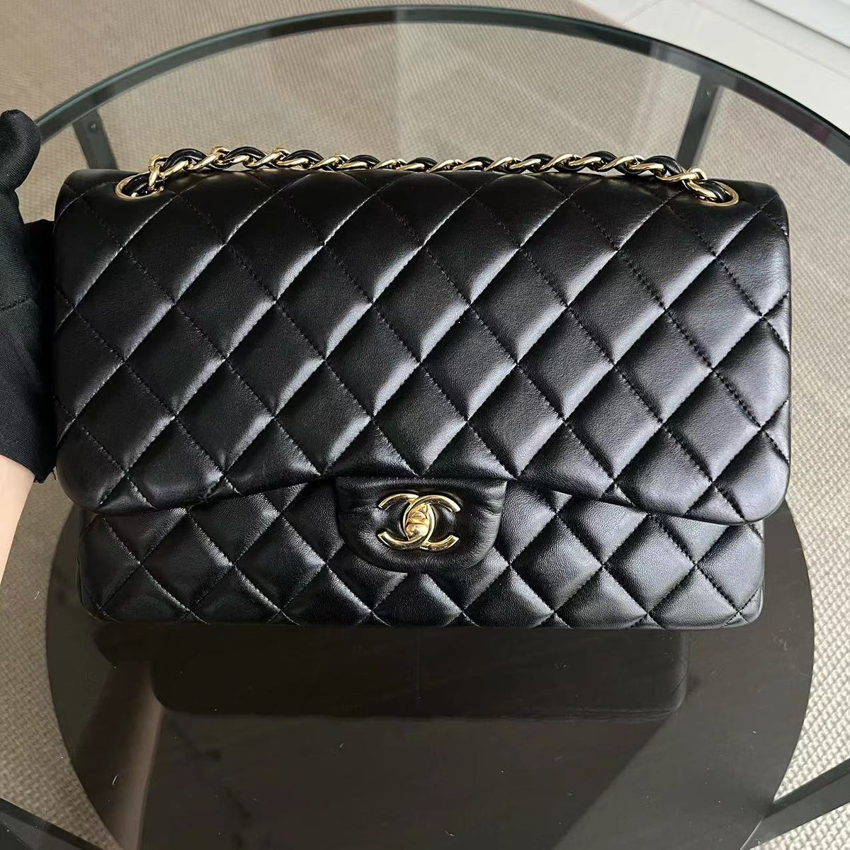 Jumbo Double Flap Classic Flap Quilted Lambskin Black Golden Hardware Series 22