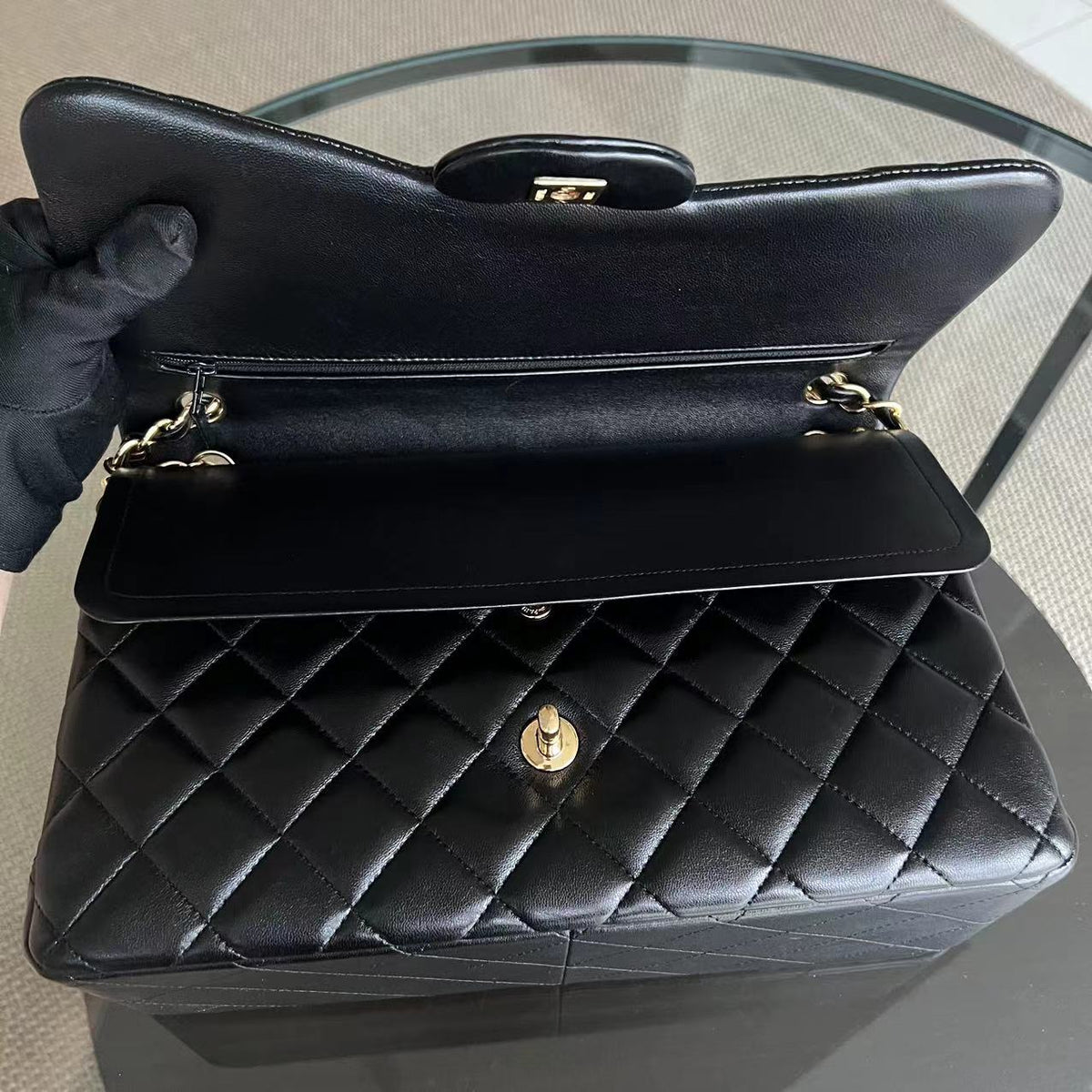 Jumbo Double Flap Classic Flap Quilted Lambskin Black Golden Hardware Series 22